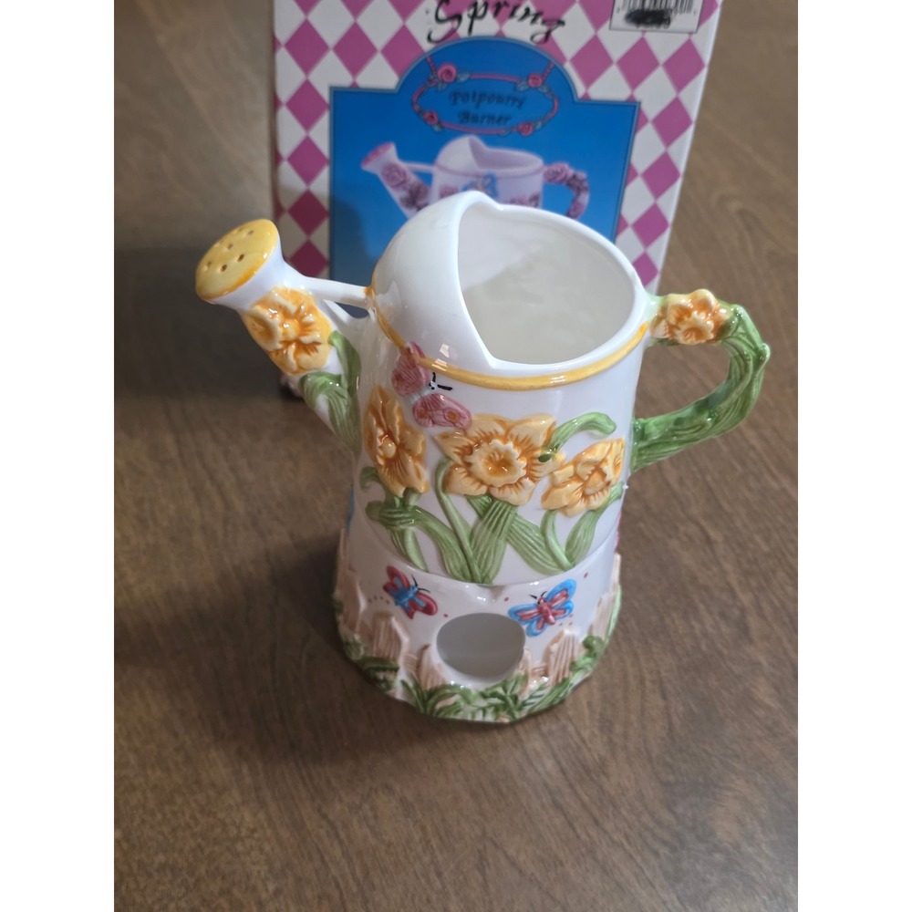 Spring Ceramic Watering Can Potpourri Burner Daffodil Butterfly 2 Piece Set